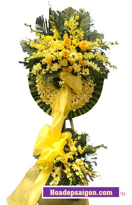 Mẫu hoa đám tang đẹp với hoa lan vàng mix hoa hồng vàng